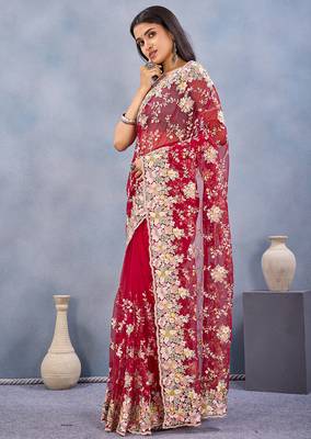 Designer red resham zarkan stone embroidery work net saree 3