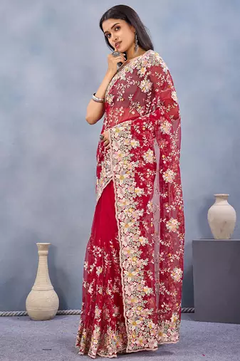 Designer red resham zarkan stone embroidery work net saree