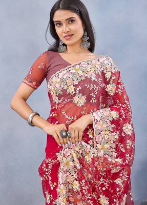 Designer red resham zarkan stone embroidery work net saree 4