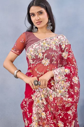 Designer red resham zarkan stone embroidery work net saree