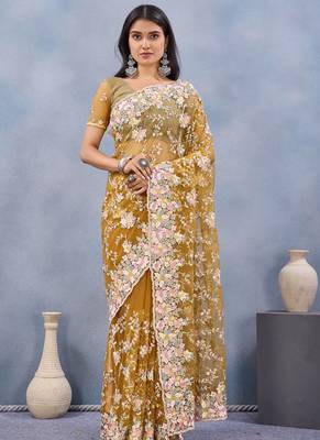 Designer mustard resham zarkan stone embroidery work net saree 1