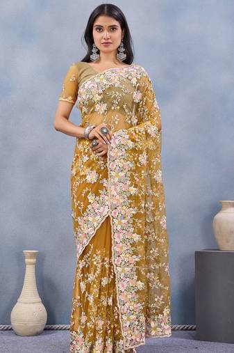 Designer mustard resham zarkan stone embroidery work net saree