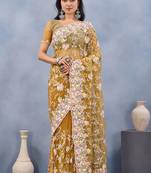 Designer mustard resham zarkan stone embroidery work net saree