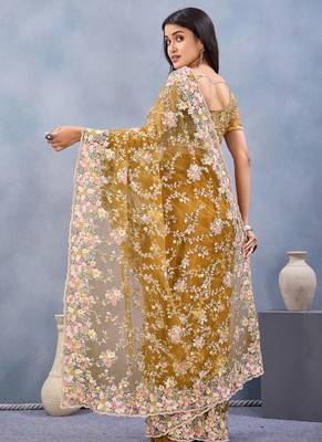Designer mustard resham zarkan stone embroidery work net saree 2