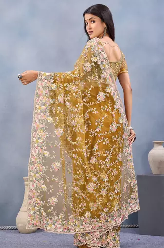 Designer mustard resham zarkan stone embroidery work net saree