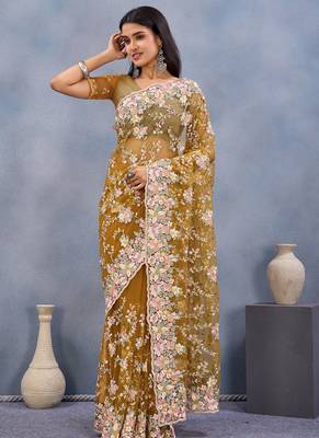 Designer mustard resham zarkan stone embroidery work net saree 3