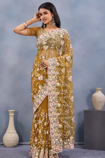 Designer mustard resham zarkan stone embroidery work net saree