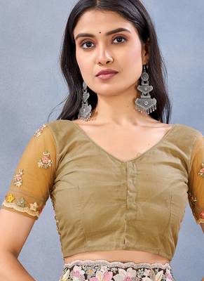 Designer mustard resham zarkan stone embroidery work net saree 4