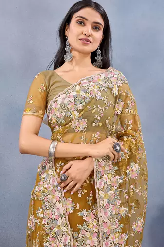 Designer mustard resham zarkan stone embroidery work net saree