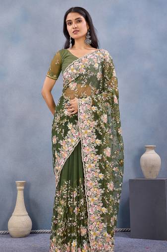 Designer mehendi green resham zarkan stone embroidery work net saree