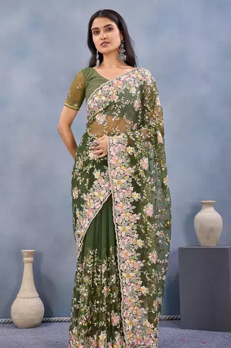 Designer mehendi green resham zarkan stone embroidery work net saree