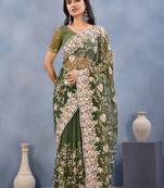 Designer mehendi green resham zarkan stone embroidery work net saree