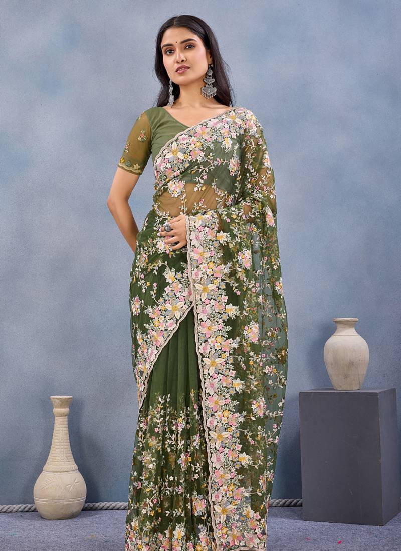 Designer mehendi green resham zarkan stone embroidery work net saree