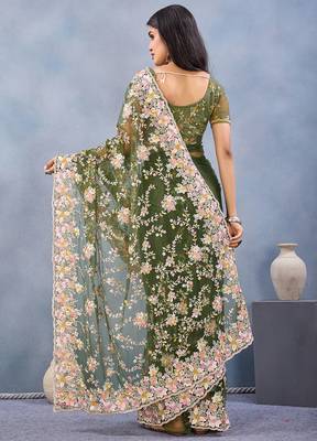 Designer mehendi green resham zarkan stone embroidery work net saree 2