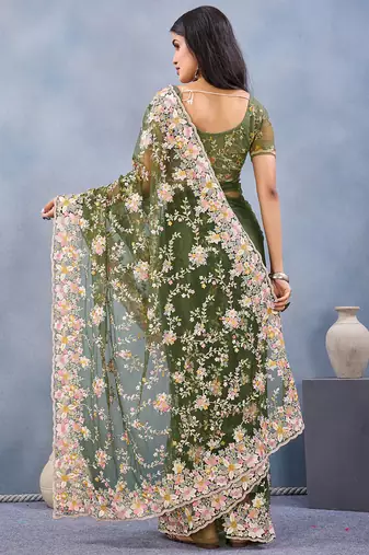 Designer mehendi green resham zarkan stone embroidery work net saree