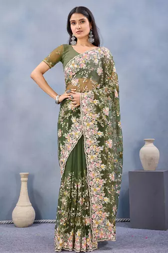 Designer mehendi green resham zarkan stone embroidery work net saree