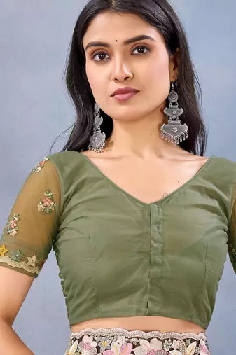 Designer mehendi green resham zarkan stone embroidery work net saree