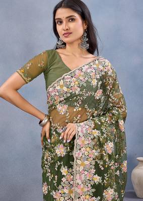 Designer mehendi green resham zarkan stone embroidery work net saree 5