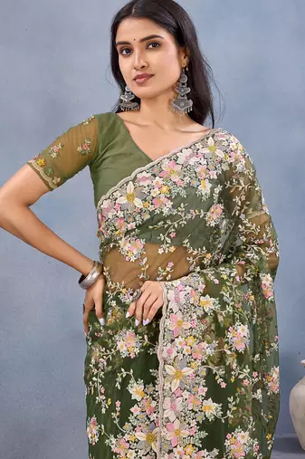 Designer mehendi green resham zarkan stone embroidery work net saree