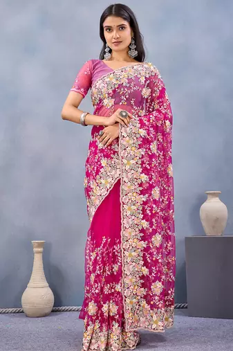 Designer magenta resham zarkan stone embroidery work net saree