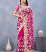 Designer magenta resham zarkan stone embroidery work net saree