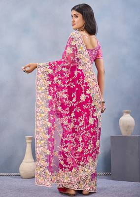 Designer magenta resham zarkan stone embroidery work net saree 2