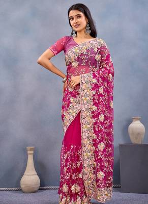 Designer magenta resham zarkan stone embroidery work net saree 3
