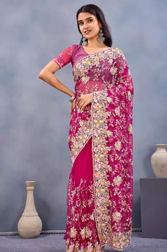 Designer magenta resham zarkan stone embroidery work net saree