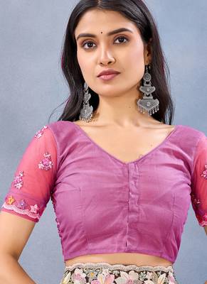 Designer magenta resham zarkan stone embroidery work net saree 4