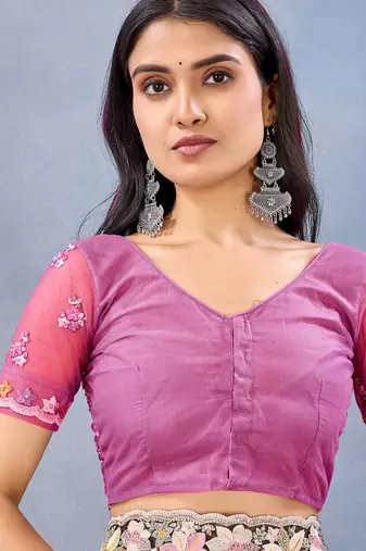 Designer magenta resham zarkan stone embroidery work net saree