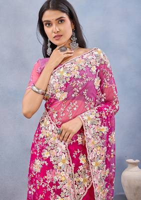 Designer magenta resham zarkan stone embroidery work net saree 5