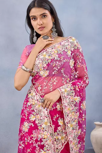 Designer magenta resham zarkan stone embroidery work net saree