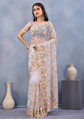 Designer white resham zarkan stone embroidery work net saree 1