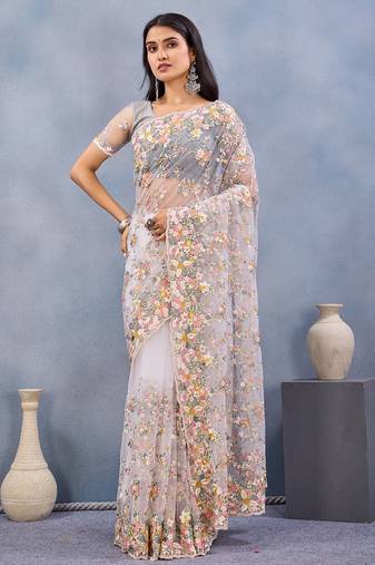 Designer white resham zarkan stone embroidery work net saree