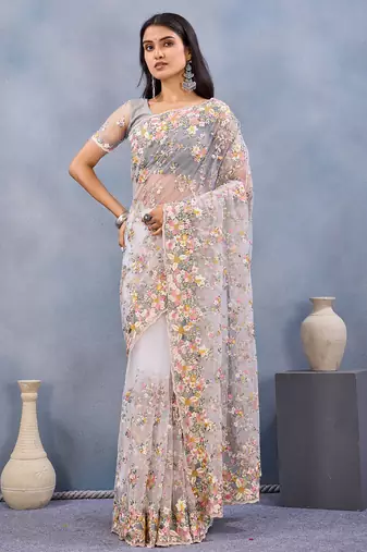 Designer white resham zarkan stone embroidery work net saree