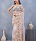 Designer white resham zarkan stone embroidery work net saree