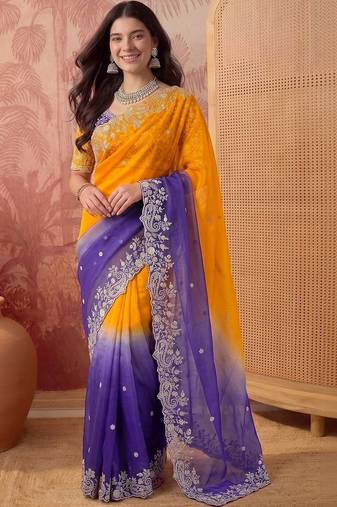 Multicolor ombre embroidered poly chiffon saree