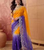 Multicolor ombre embroidered poly chiffon saree