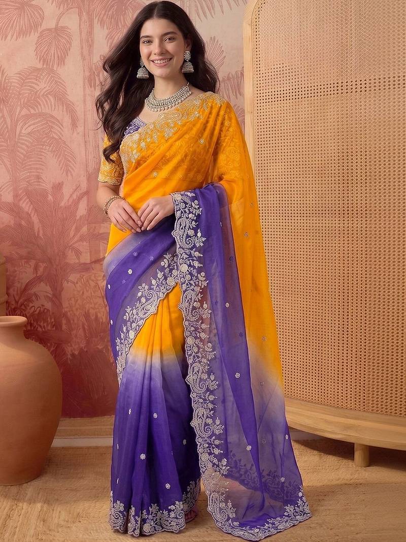 Multicolor ombre embroidered poly chiffon saree