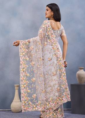Designer white resham zarkan stone embroidery work net saree 2