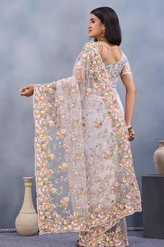 Designer white resham zarkan stone embroidery work net saree