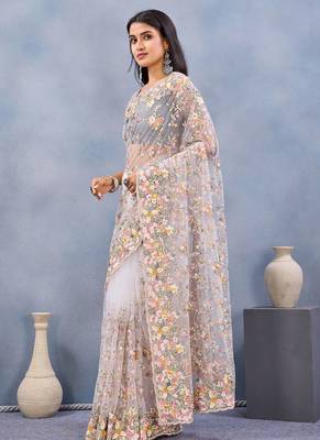 Designer white resham zarkan stone embroidery work net saree 3