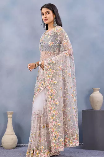 Designer white resham zarkan stone embroidery work net saree