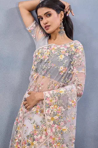 Designer white resham zarkan stone embroidery work net saree