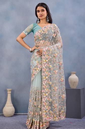 Designer sea green resham zarkan stone embroidery work net saree