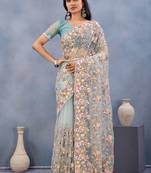 Designer sea green resham zarkan stone embroidery work net saree