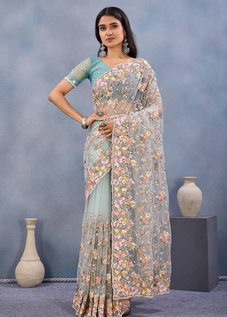 Designer sea green resham zarkan stone embroidery work net saree