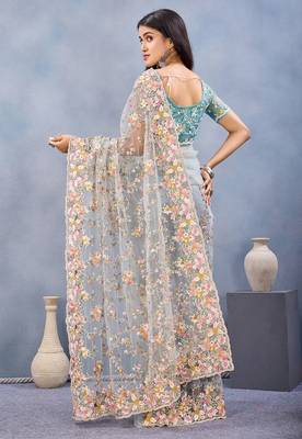 Designer sea green resham zarkan stone embroidery work net saree 2