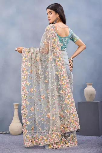 Designer sea green resham zarkan stone embroidery work net saree