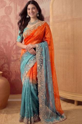 Multicolor ombre embroidered poly chiffon saree